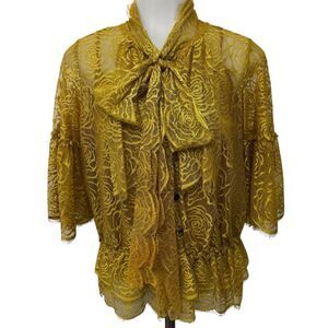 Robert Rodriguez Mustard Yellow Lace Tie Neck Bell Sleeve Blouse Size 4